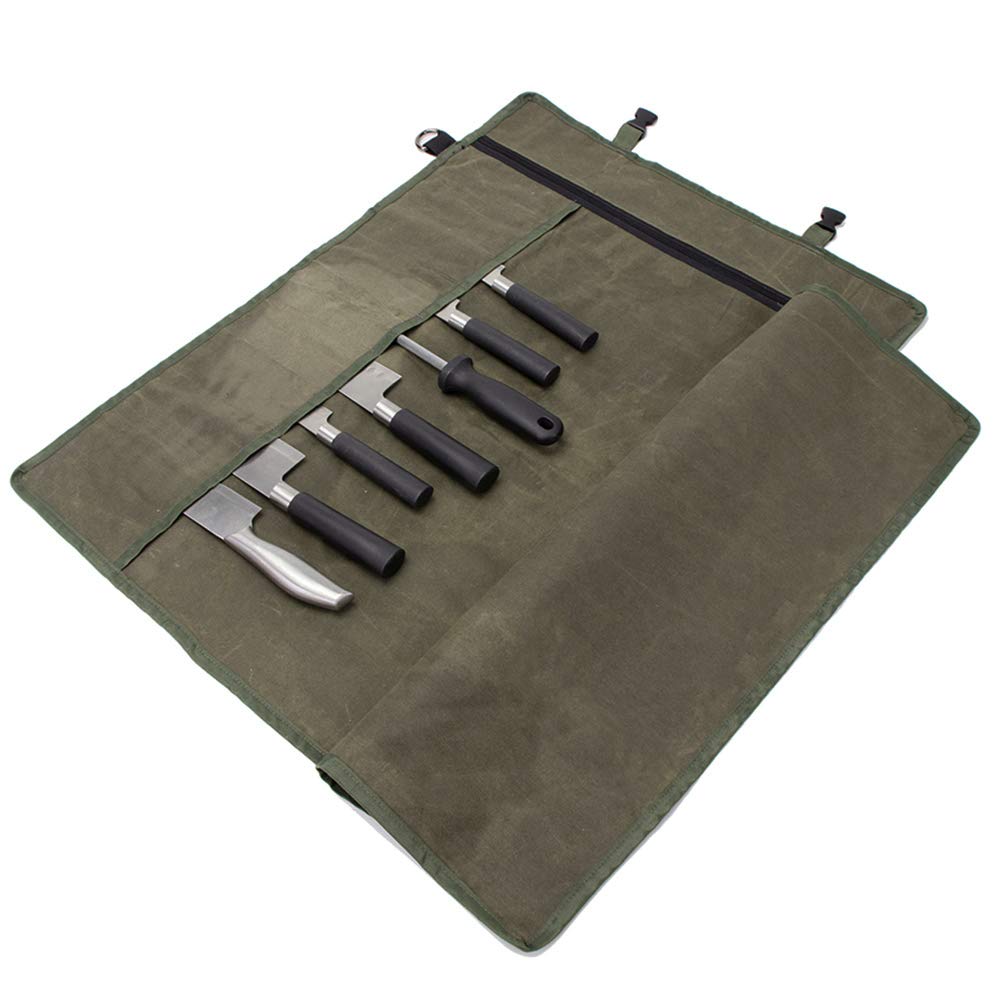 HERSENT chef knife roll bag opened flat for quick access to knives.
