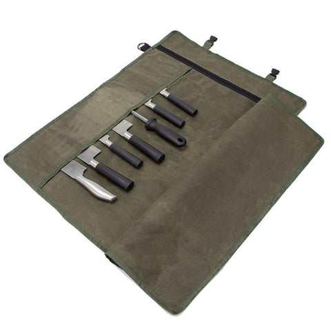 HERSENT chef knife roll bag opened flat for quick access to knives.