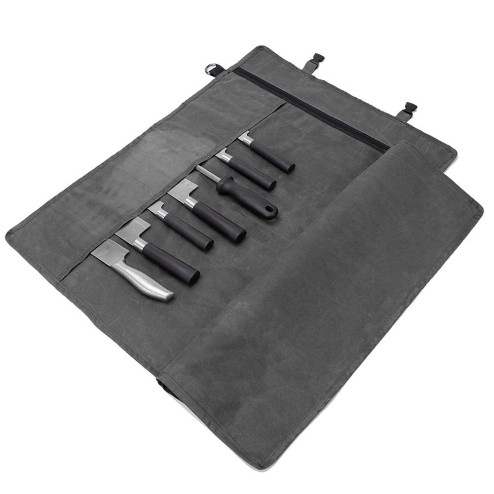 HERSENT knife roll bag opened with 11 pockets for organized kitchen tools.