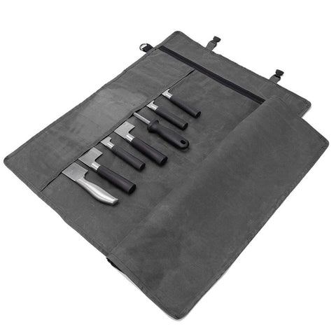 HERSENT knife roll bag opened with 11 pockets for organized kitchen tools.