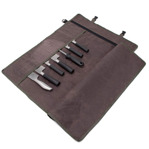 HERSENT opened knife roll showing 11 slots for organized kitchen tools.