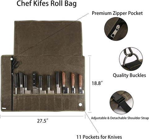 HERSENT chef knife roll bag rolled for portable and safe transport.