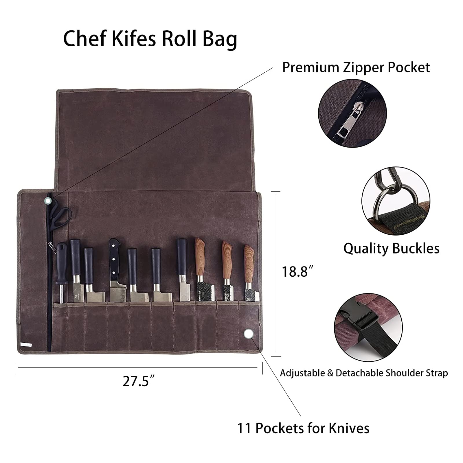 HERSENT waxed canvas knife roll bag closed with secure buckles for safe transport.