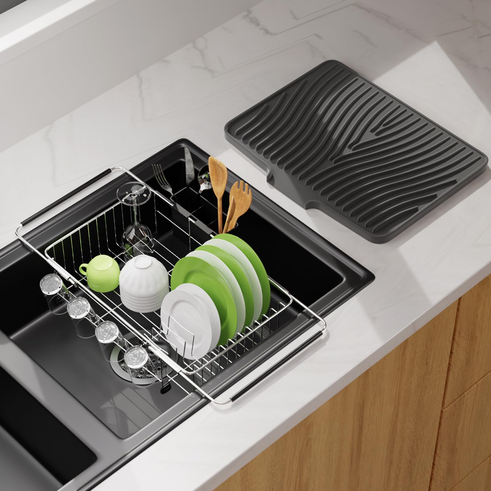Herxsin dish drying rack inside sink with grey-silver finish for efficient water drainage.