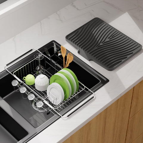 Herxsin dish drying rack inside sink with grey-silver finish for efficient water drainage.