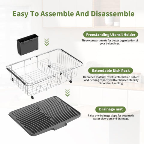 Expandable dish drainer rod adjusts from 15.5 to 22.8 inches for versatile fit.