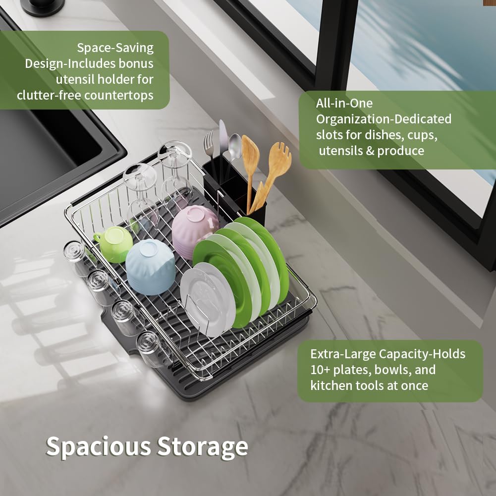 Large-capacity design holds plates, bowls, cups, utensils, and produce.