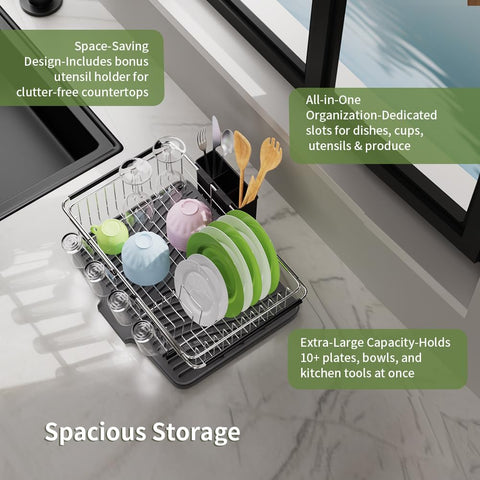 Large-capacity design holds plates, bowls, cups, utensils, and produce.
