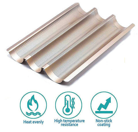Hesanzol Baguette Pan side view emphasizes sturdy edges and warp resistance.