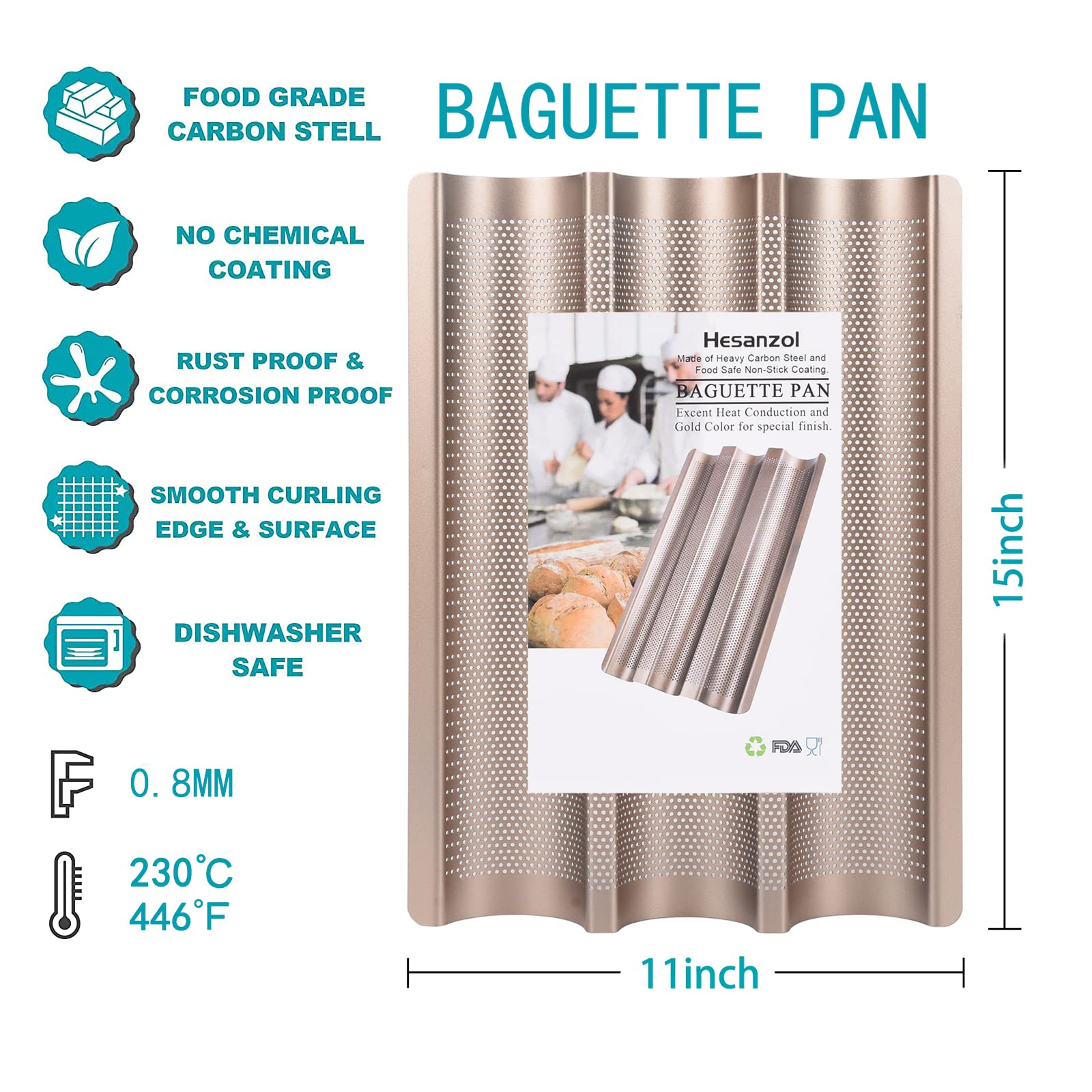 Hesanzol Baguette Pan nonstick coating ensures easy release and cleanup.
