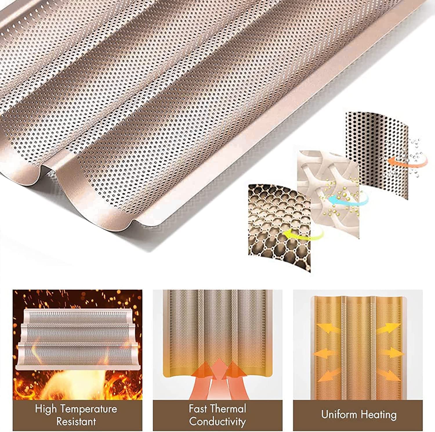 Hesanzol Baguette Pan perforated surface aids airflow for even browning.