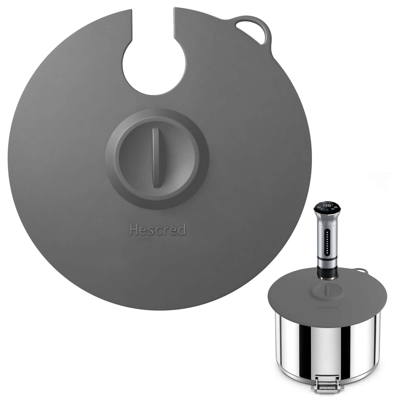 Hescred sous vide lid demonstrates Anova compatibility for precise cooking.