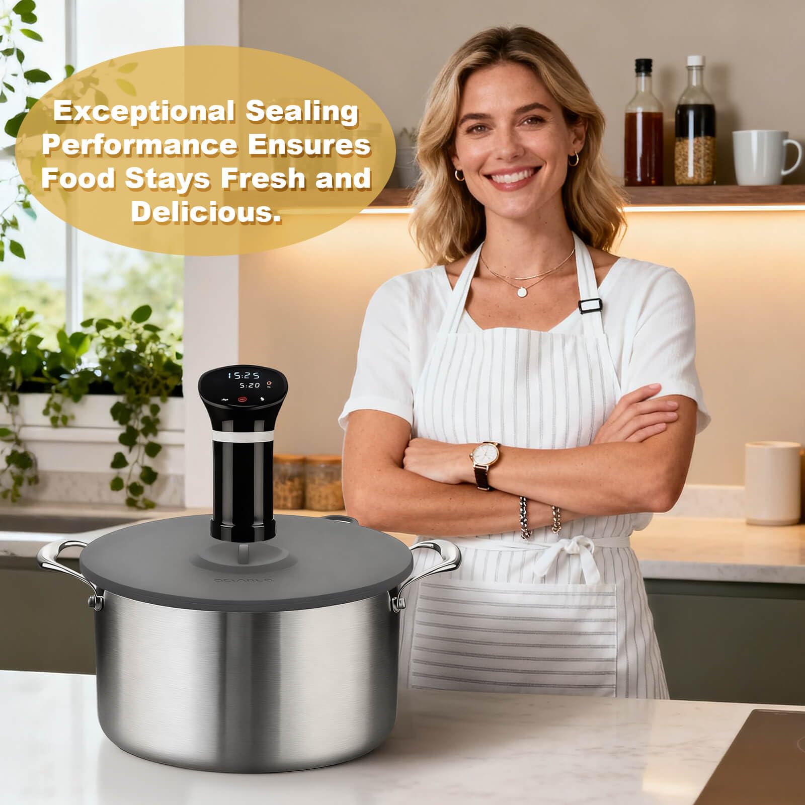 Hescred lid reducing evaporation maintains moisture during long cooks.
