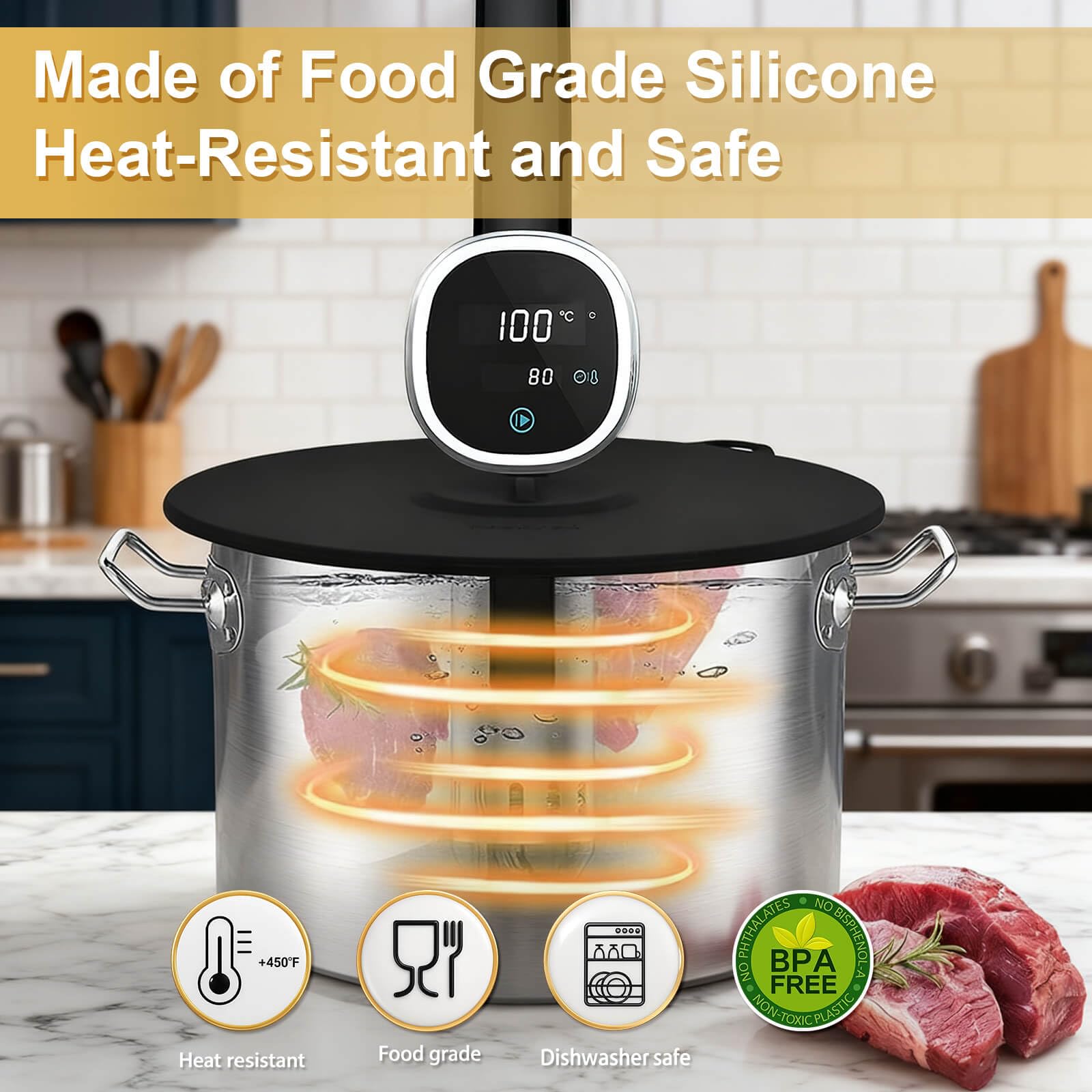 Hescred lid seals steam to reduce evaporation during sous vide cooking