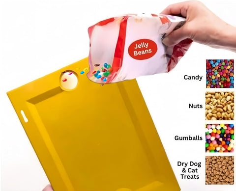 Heskbirg yellow tabletop use shows versatile display and easy access to treats.