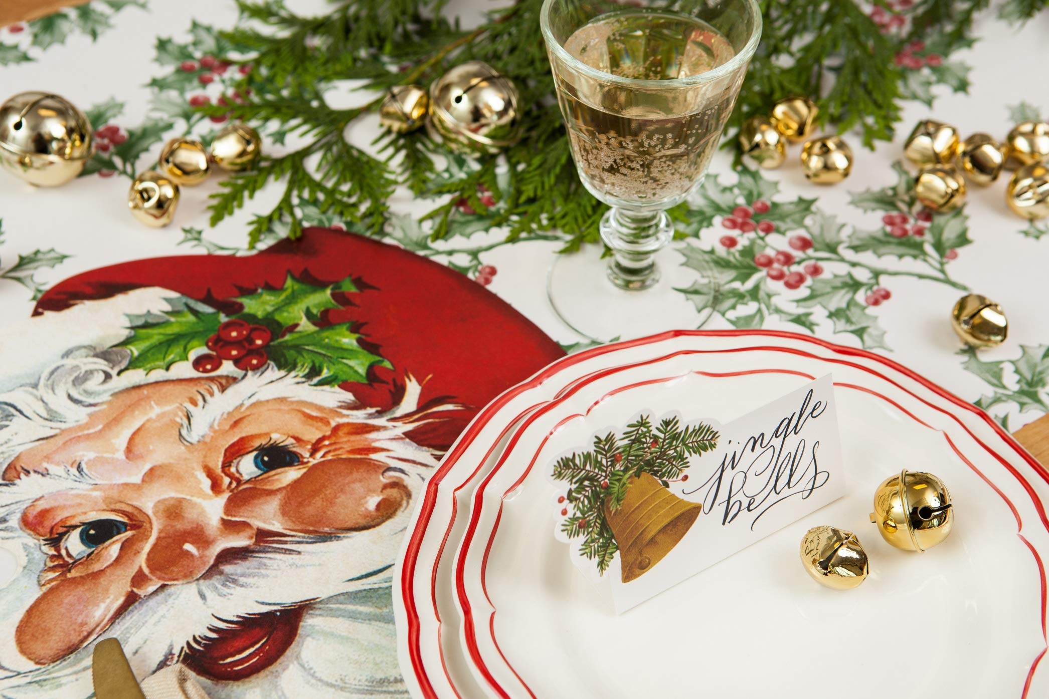Tear-off Santa placemats enable quick setup and easy post-party cleanup.