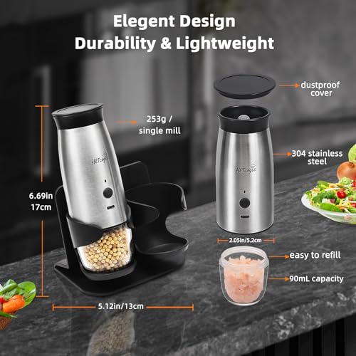 Gravity-activated mill with LED light for precise one-handed grinding