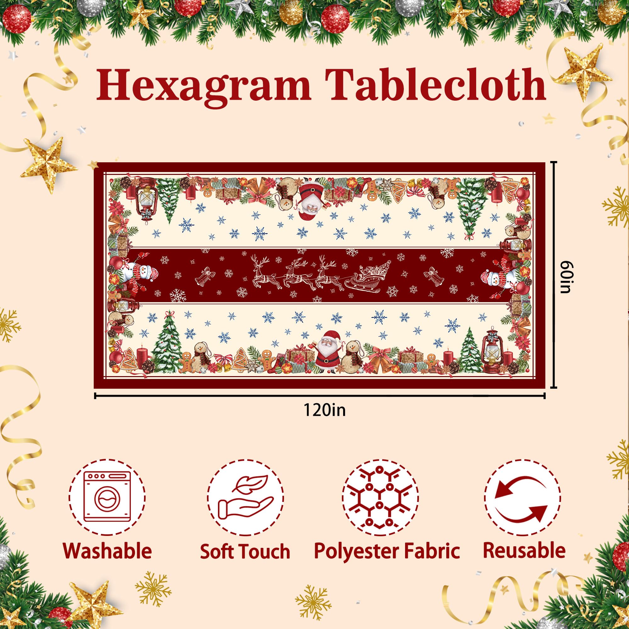 Hexagram Christmas tablecloth with Santa pattern ideal for holiday meals