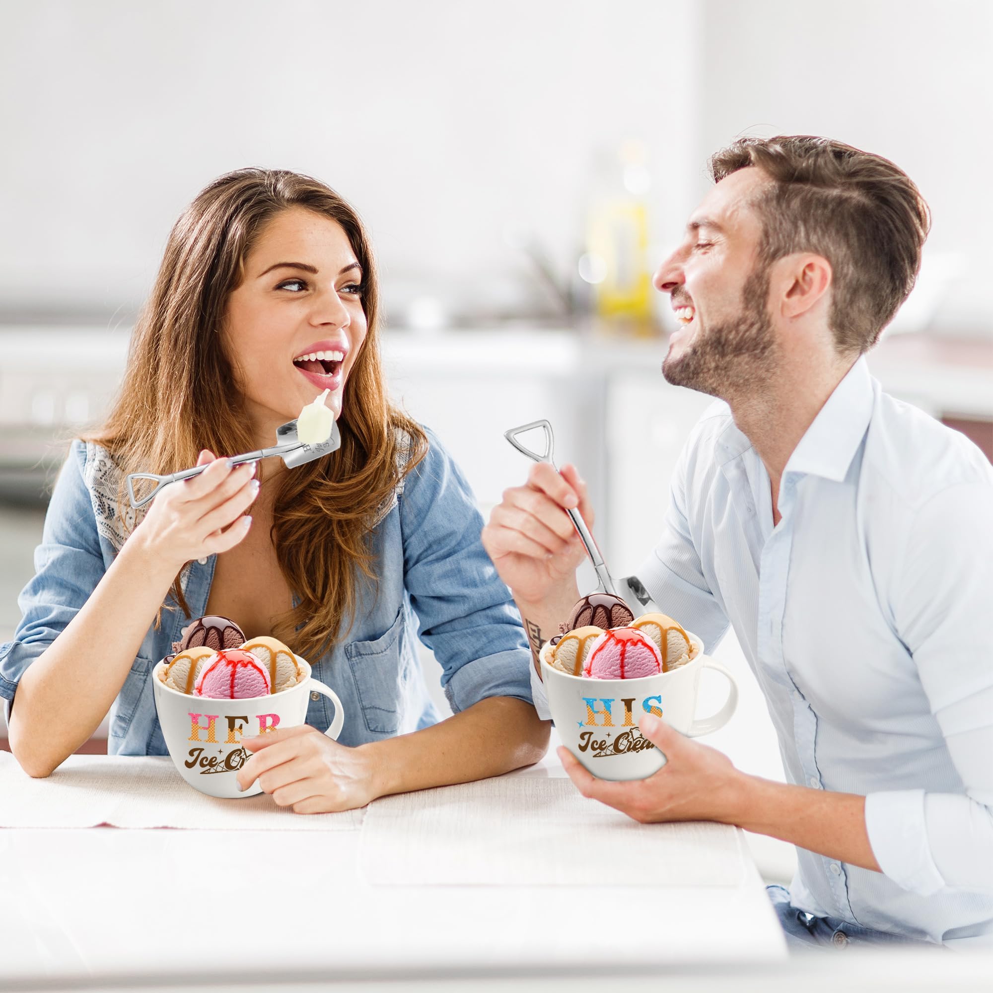 Hexagram ice cream bowls labeled for him and her, ideal for couples.