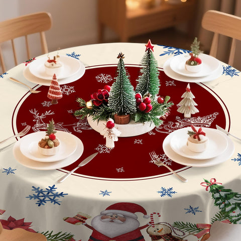 Hexagram round tablecloth with Christmas tree motif enhances holiday tables.