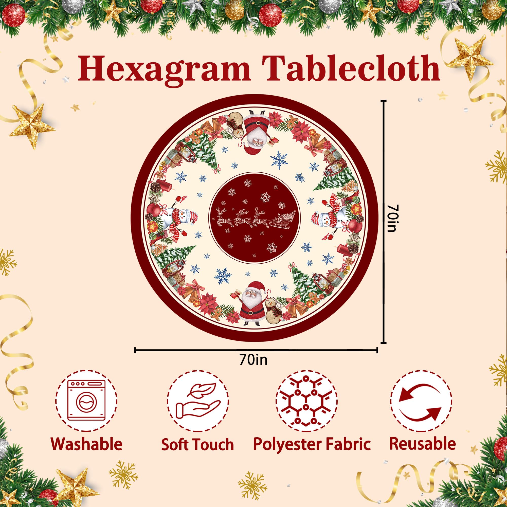 Hexagram tablecloth features Santa figure for cheerful family meals.