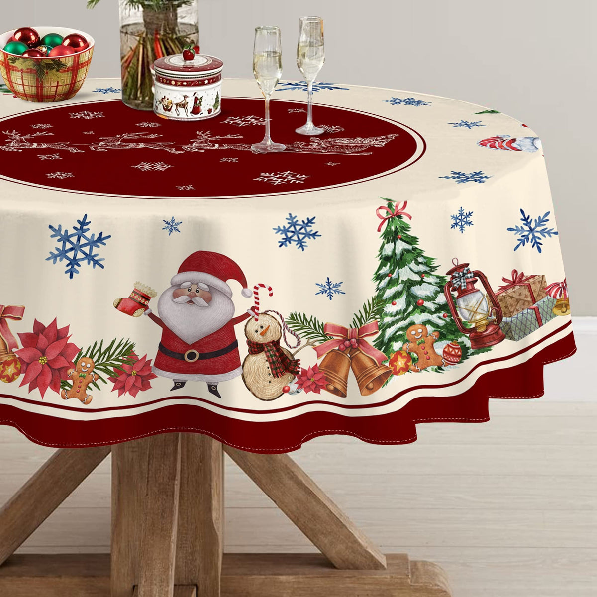 Hexagram round Christmas tablecloth with snowman pattern elevates festive dining.