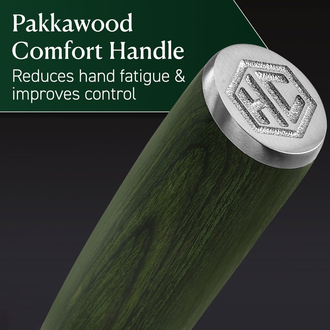 HexClad 67-layer Damascus blade delivers sharpness with a distinctive visual pattern.