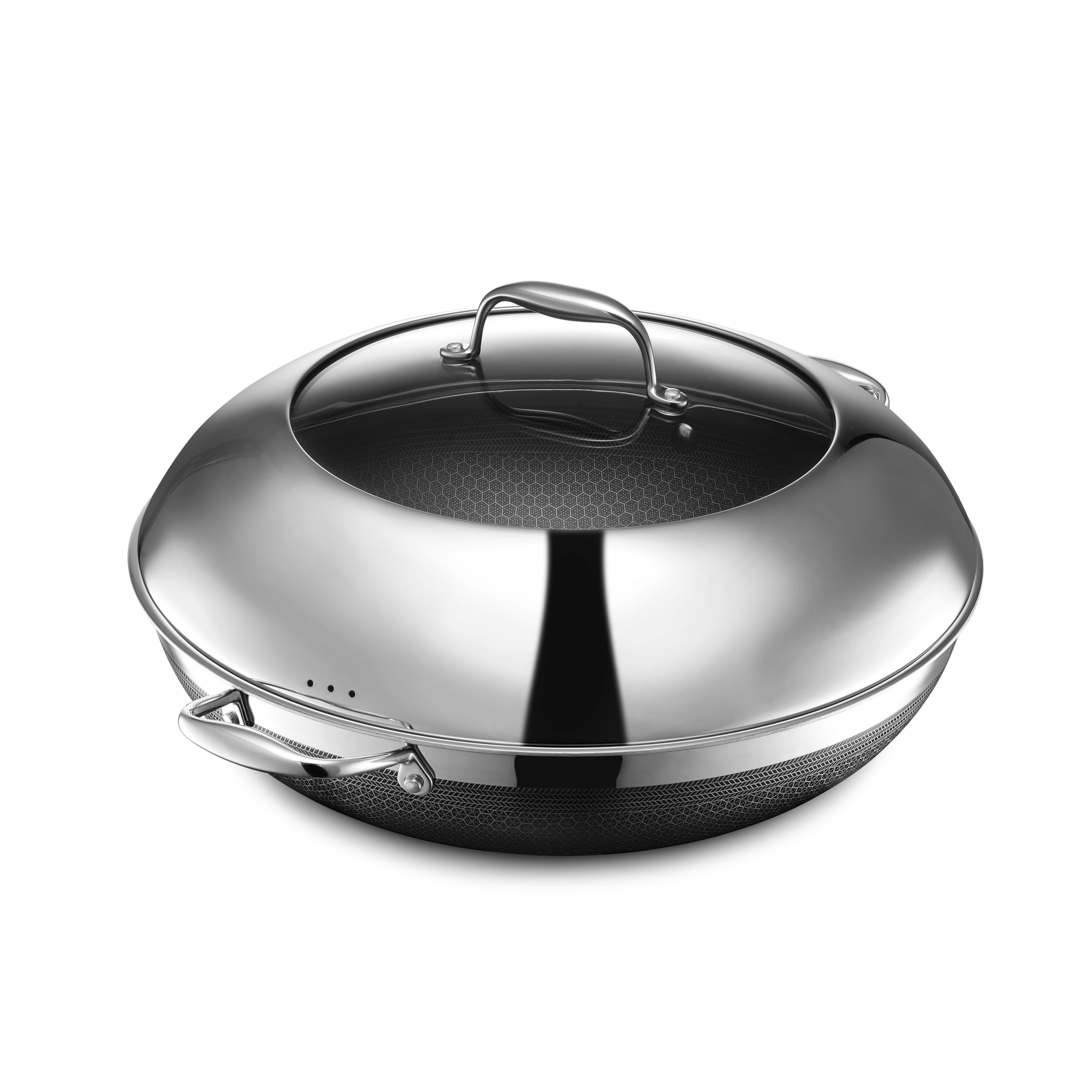HexClad Hybrid 14-inch wok exterior view highlights nonstick surface for easy searing
