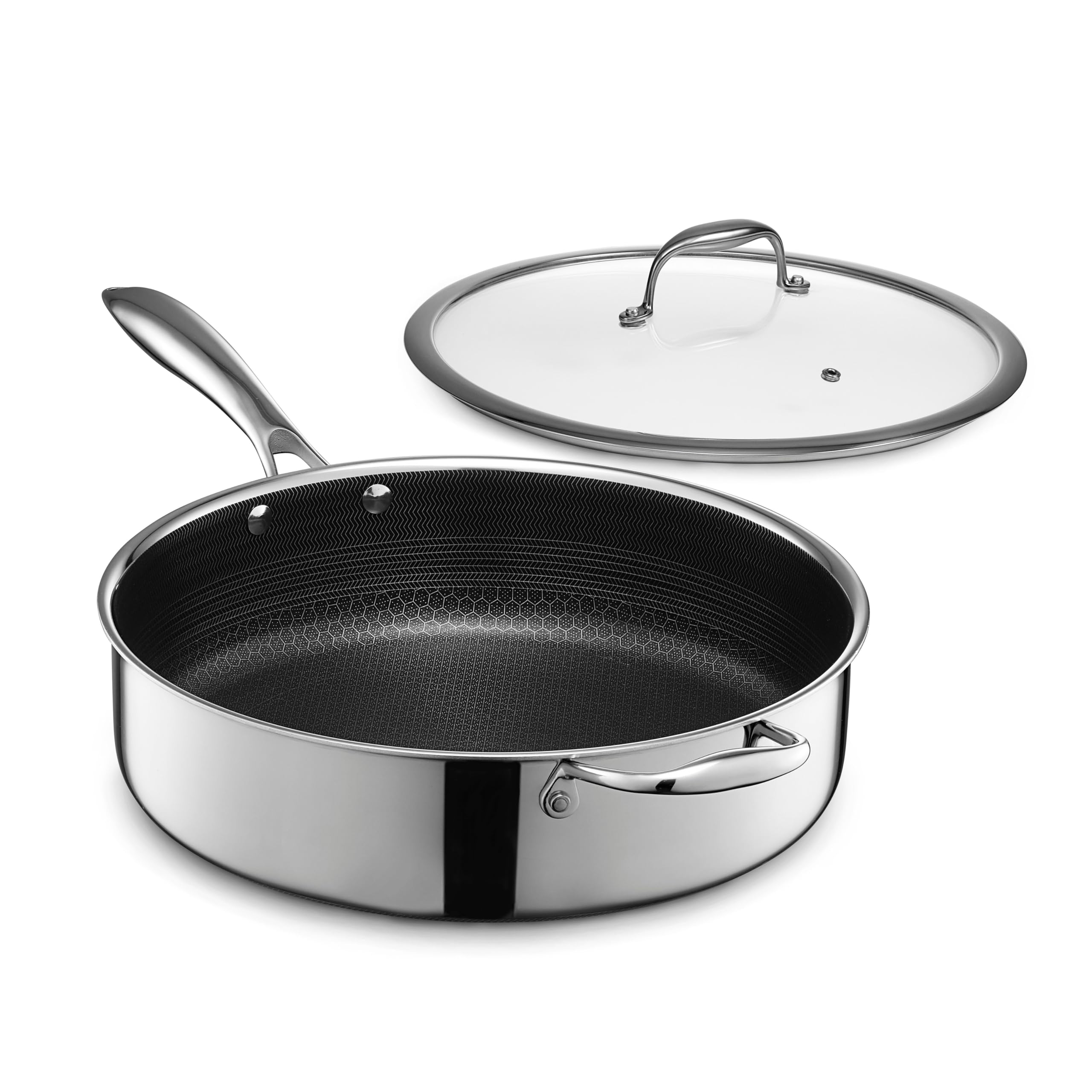 HexClad Hybrid Deep Sauté Pan overview with laser-etched surface for easier searing.