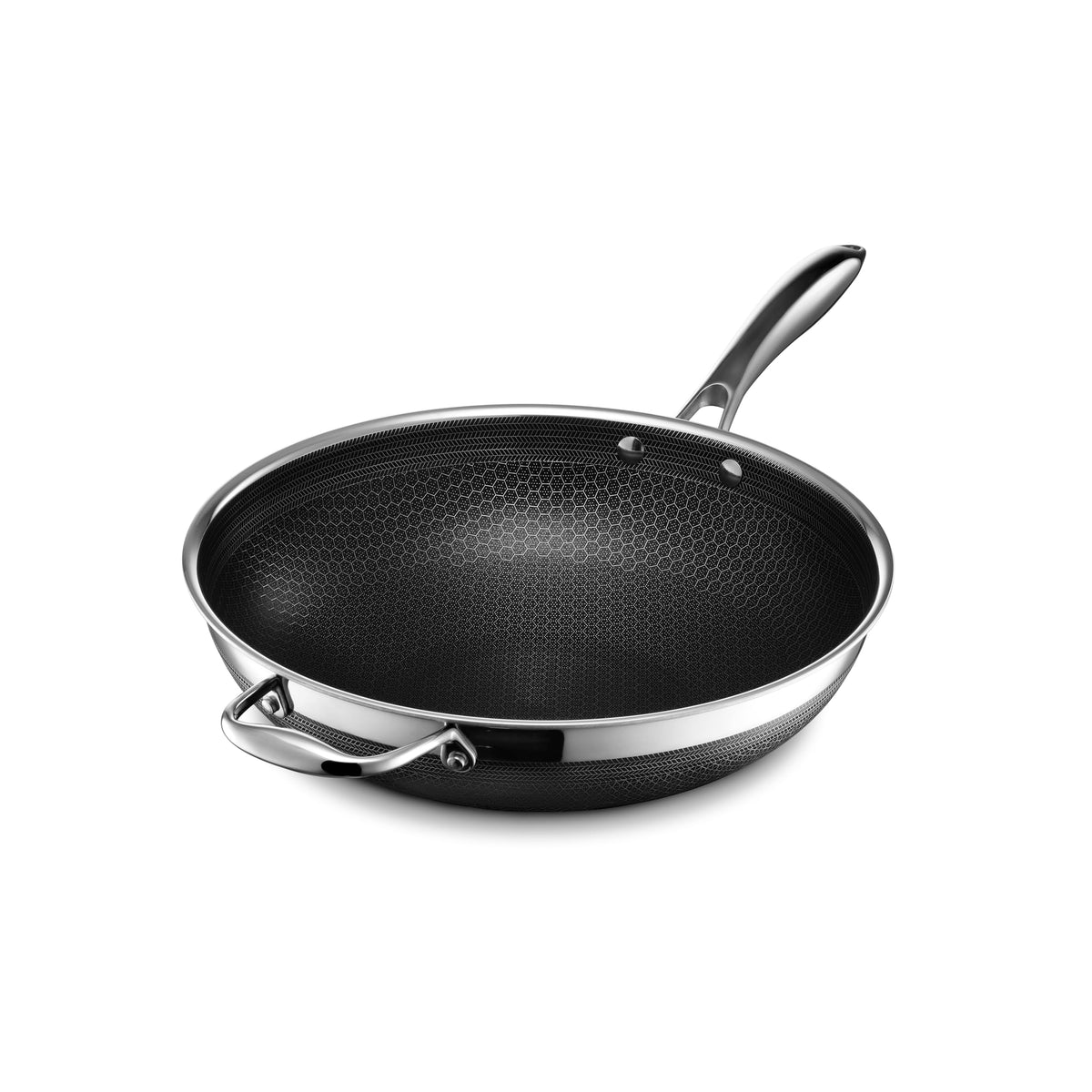 HexClad Hybrid 12-Inch Wok with stay-cool handle for safe cooking.