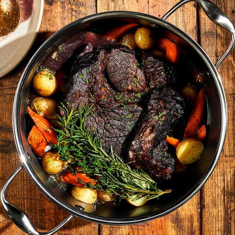 HexClad 5-qt dutch oven sears meat for rich flavor.