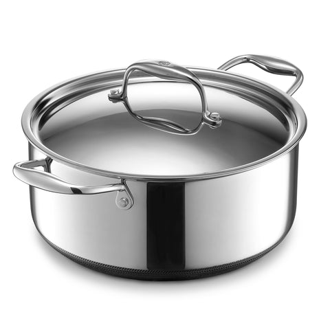 HexClad Hybrid 5-qt dutch oven with steel lid for versatile searing and braising.