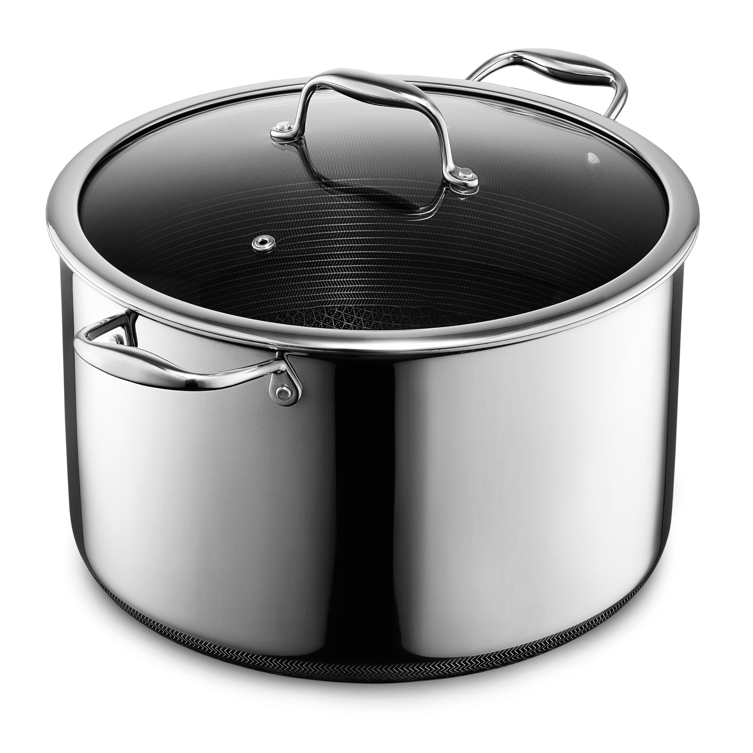 HexClad hybrid stockpot 12-quart with glass lid for easy monitoring.