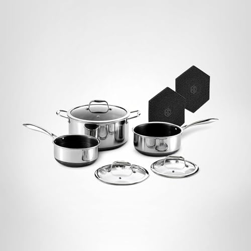 HexClad laser-etched hexagonal surface enables fast searing and easy cleanup.