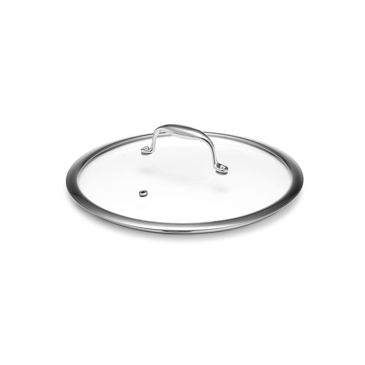 HexClad tempered glass lid on a 10-inch pan, clear view of cooking progress with steam vent.