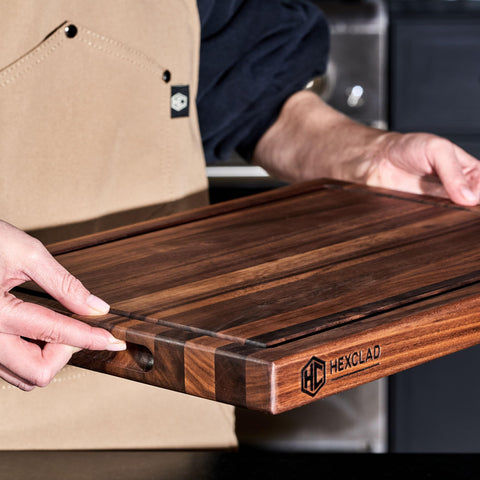 Large HexClad walnut board offers ample work area for tasks