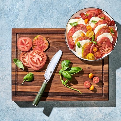 HexClad dense walnut surface resists deep knife marks