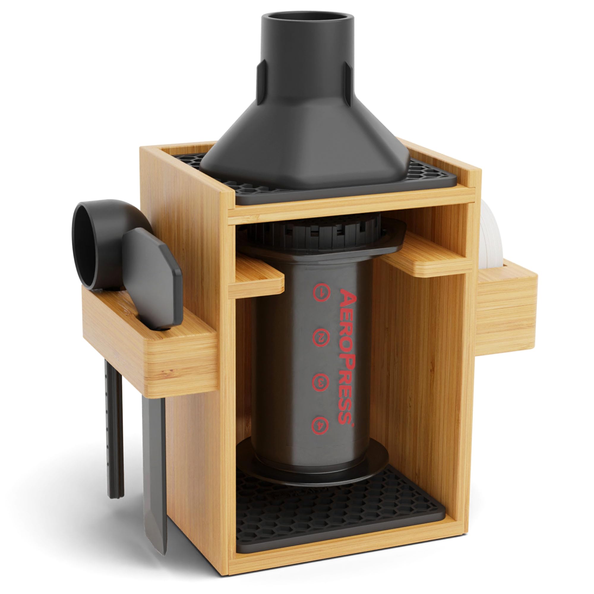 HexNUB AeroPress compact organizer in bamboo keeps filters neatly stored