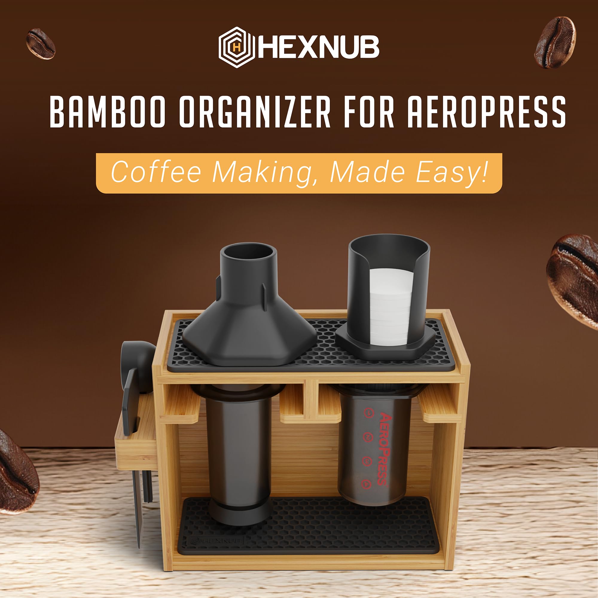 HEXNUB AeroPress stand with mats highlights drying and spill protection.