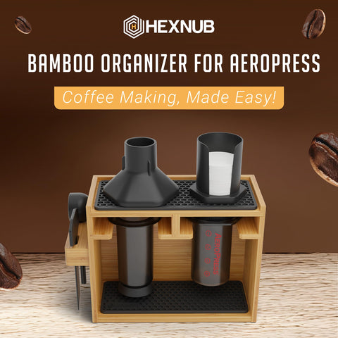HEXNUB AeroPress stand with mats highlights drying and spill protection.