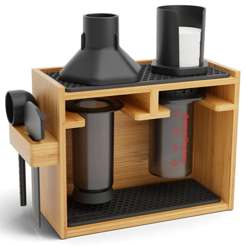 HEXNUB bamboo AeroPress organizer side view showing compact storage.