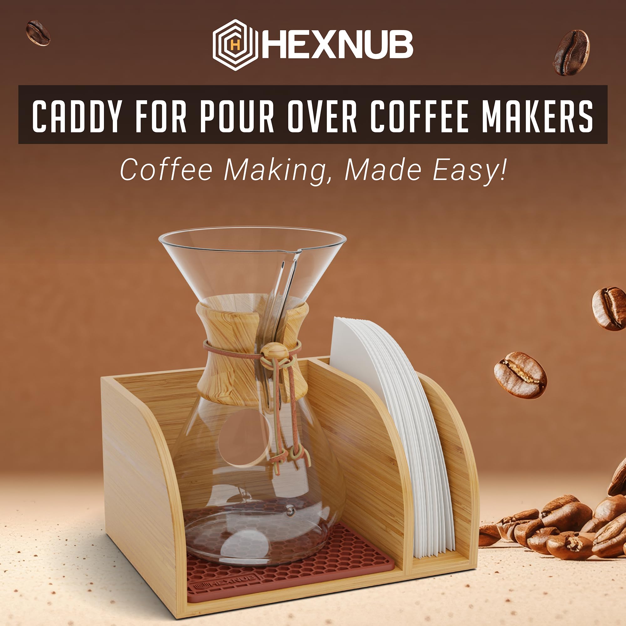 HEXNUB Bamboo Caddy with Chemex compatibility supports a clean, organized coffee station.