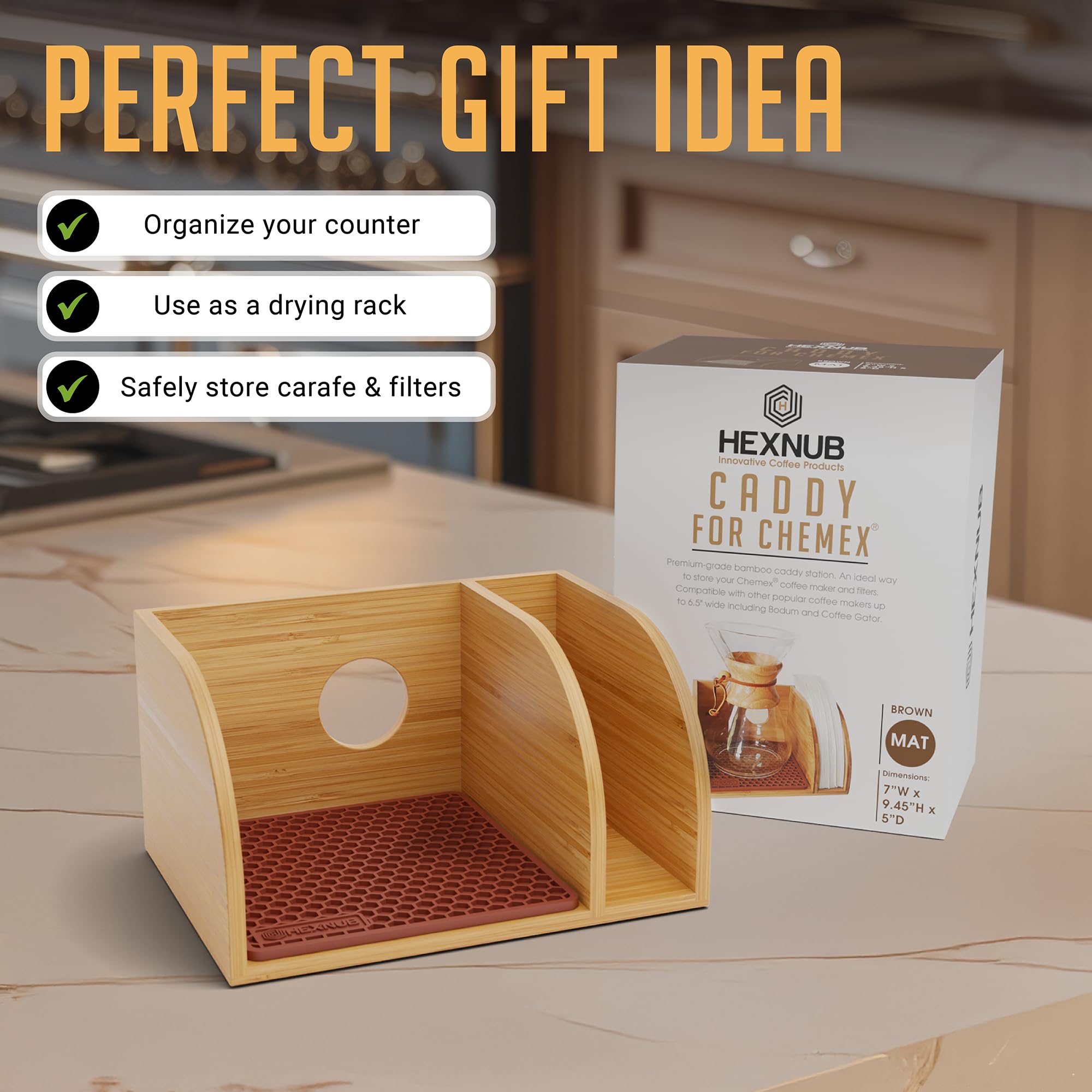 HEXNUB Bamboo Caddy compact design saves counter space while adding elegance.