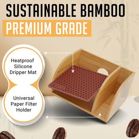 HEXNUB Bamboo Caddy heat-resistant drip pad catches spills for easy cleanup.