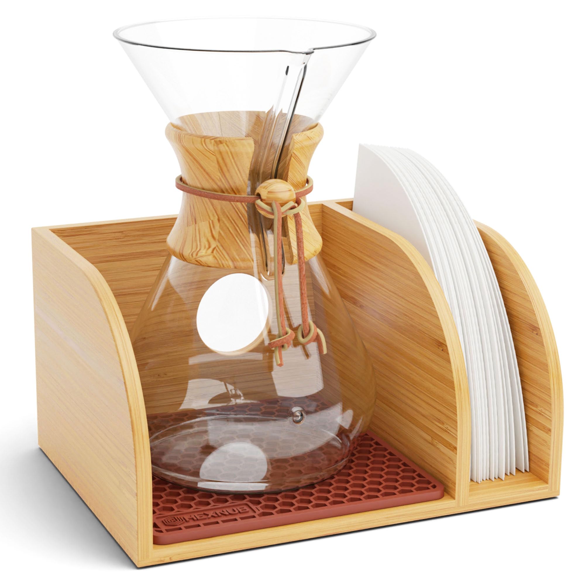 HEXNUB Bamboo Caddy for Pour Over Stand keeps your kitchen organized and stylish.