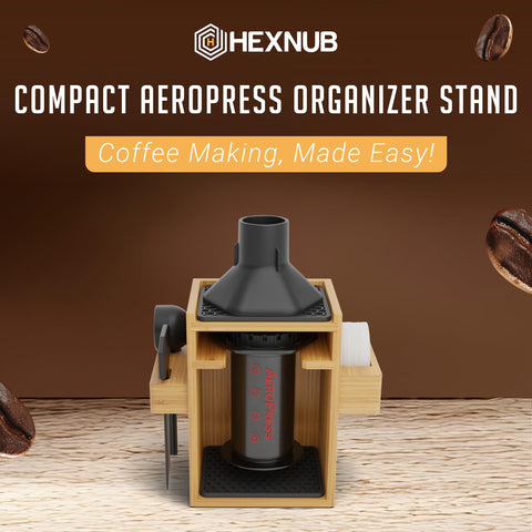 HexNUB bamboo coffee caddy for AeroPress with mats keeps counters tidy