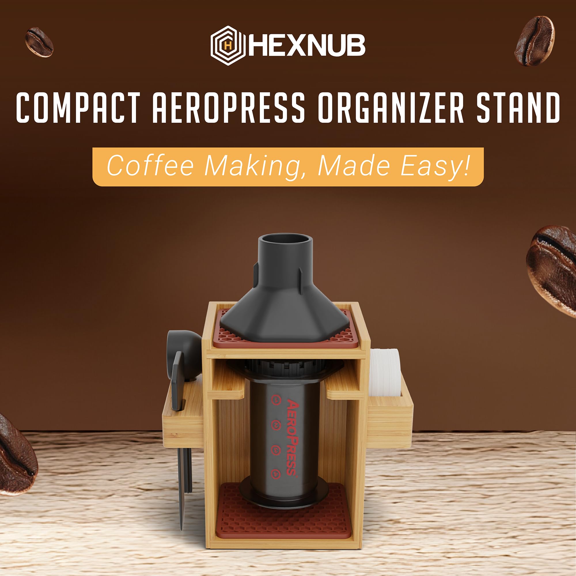 HEXNUB bamboo coffee caddy keeps filters, cups and accessories neatly within reach