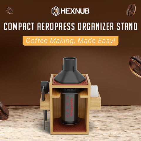 HEXNUB bamboo coffee caddy keeps filters, cups and accessories neatly within reach