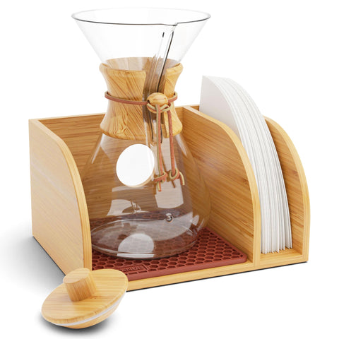 HEXNUB caddy and lid on bamboo stand keep pour-over gear organized and accessible.