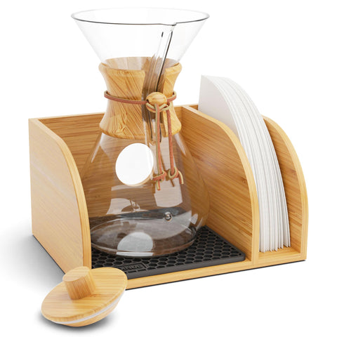 HEXNUB caddy and lid for pour-over stand keeps setup organized.